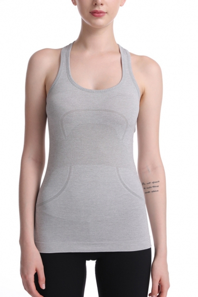 Leisure Women's Tank Top Solid Color Heathered Panel Crew Neck H-Back Sleeveless Fitted Yoga Cami Top