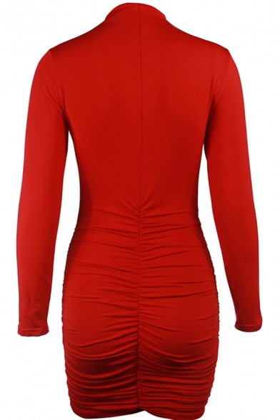 Leisure Womens Bodycon Dress Solid Color Ruched Detail Mock Neck Long Sleeves Slim Fitted Short Bodycon Dress