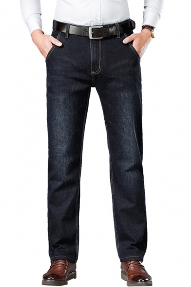 Mens Business Jeans Trendy Dark Wash Zipper-Pocket Thick Stretch Zipper Fly Full Length Regular Fit Straight Jeans