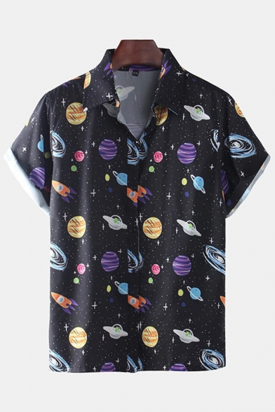 Mens New Trendy Funny Galaxy Pattern Basic Short Sleeve Button Up Nightclub Shirt