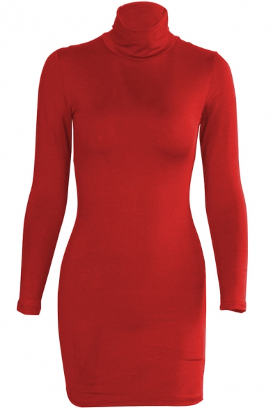 Novelty Womens Dress Solid Color Mini Slim Fitted High Neck Long Sleeve Bodycon Dress