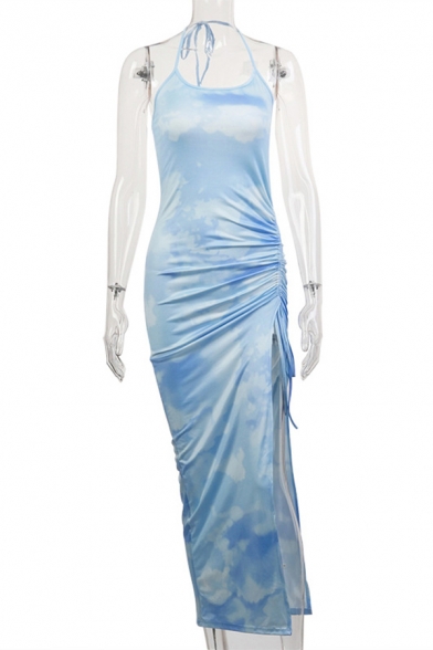Pretty Tie Dye Printed Halter Drawstring Slit Side Maxi Tight Cami Dress for Women