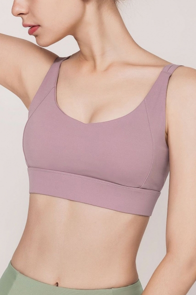 Quick Dry Women's Yoga Tee Top Solid Color Hollow out Twist Double Straps Scoop Neck Sleeveless Fitted Workout Bra