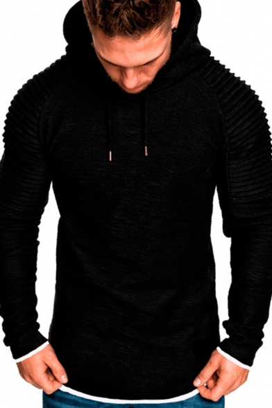 Retro Mens Hoodie Heathered Solid Color Label Patchwork Asymmetrical Hem Long-sleeved Regular Fitted Hooded Sweatshirt