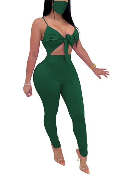 Sexy Womens Jumpsuit Solid Color Deep V-neck Tied Cut Out Front Spaghetti Straps Ankle Skinny Jumpsuit