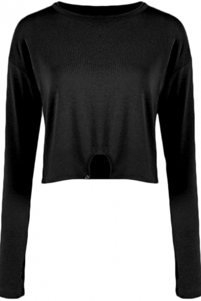 Simple Gym Solid Color Long Sleeve Crew Neck Slit Hem Relaxed Crop T Shirt for Girls