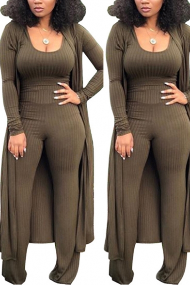 Simple Womens Co-ords Solid Color Ribbed Long Sleeve Longline Relaxed Coat & Tank & Pants Set