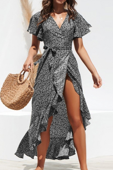 Stylish Dress Ditsy Floral Print Bell Sleeve Surplice Neck Tied Waist Ruffled Mid Wrap Dress for Ladies