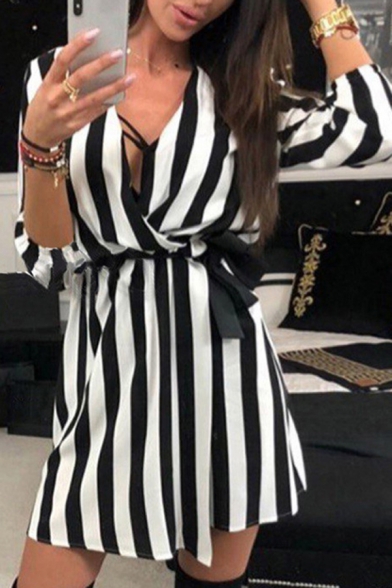 Stylish Dress White-black Stripe Print 3/4 Sleeve Deep V-neck Short A-line Dress for Women