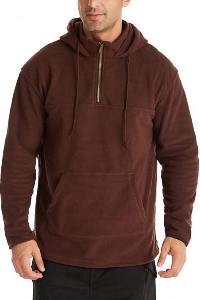 Stylish Men's Hoodie Solid Color Front Pocket Long Sleeves 1/4 Zip Collar Drawstring Hooded Sweatshirt