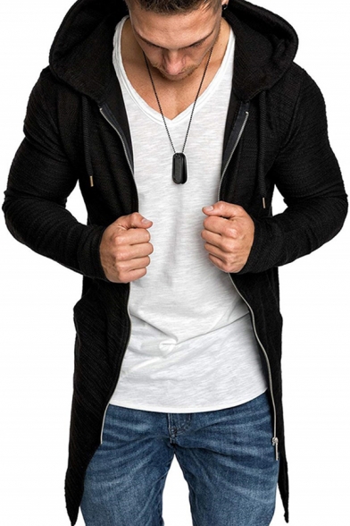 Stylish Men's Jacket Solid Color Zip Fly Long Sleeves Fitted Drawstring Hooded Jacket