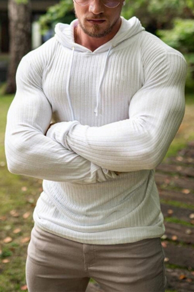 Stylish Men's Tee Top Plain Drawstring Hooded Long Sleeves Regular Fitted T-Shirt