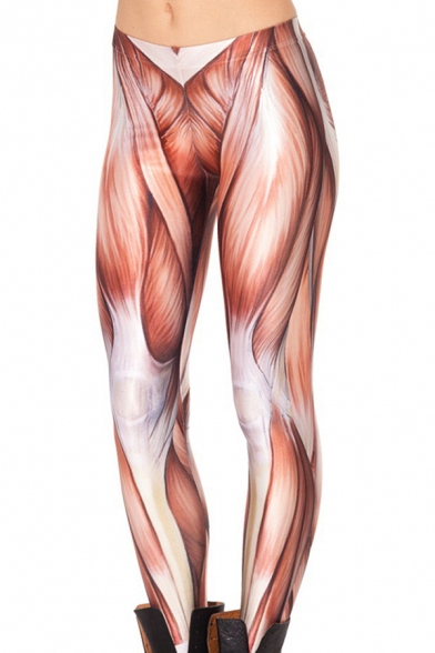 Stylish Women's Leggings Muscle Space Galaxy Skeleton Leaf Printed High Rise Elasticity Ankle Length Skinny Leggings