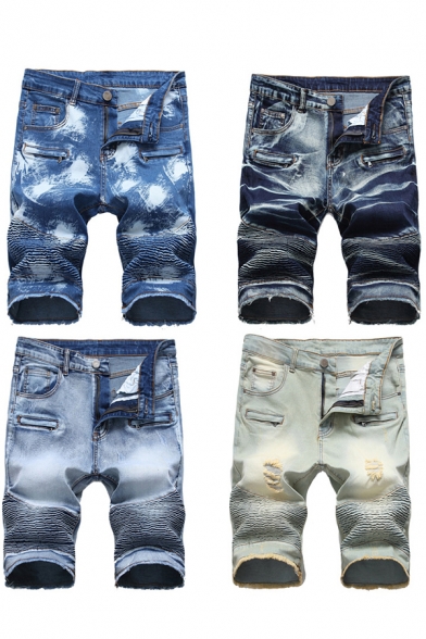 Trendy Men's Shorts Tie Dye Pattern Pleated Distressed Detail Frayed Hem Button Fly Regular Fitted Shorts with Washing Effect