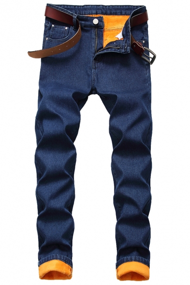 Trendy Mens Jeans Solid Color Brushed Button Fly Long Regular Fitted Jeans with Washing Effect
