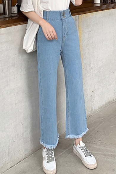 Trendy Women's Jeans Solid Color Frayed Hem Light Wash Button Fly Ankle Length Side Pocket Straight Jeans