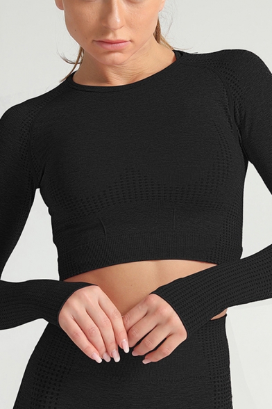 Trendy Women's Workout Tee Top Space Dye Pattern Contrast Hole Panel Finger Hole Crew Neck Long Sleeves Fitted Yoga Crop Top