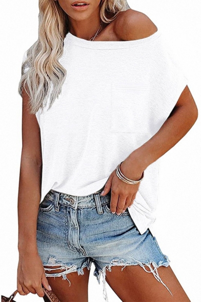 Trendy Womens Tee Top Solid Color Short Sleeve Boat Neck Loose T Shirt