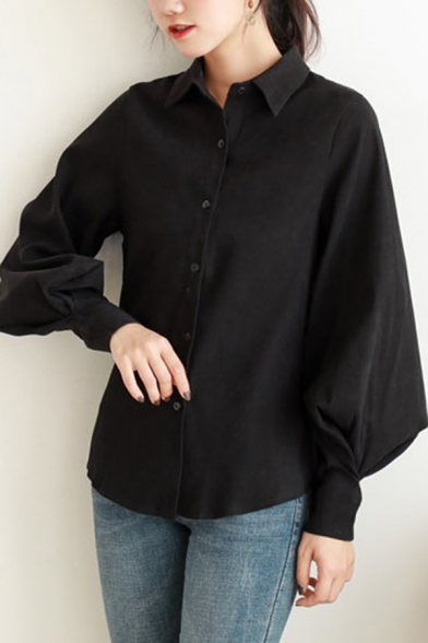 Unique Women's Shirt Blouse Solid Color Button Closure Mock Neck Long Bishop Sleeves Regular Fitted Shirt Blouse