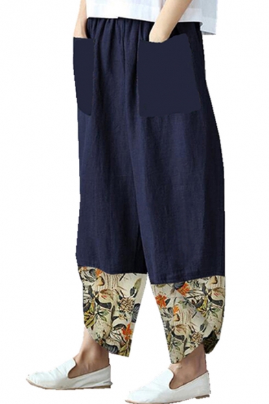 Vintage Ladies Pants Floral Print Linen and Cotton Elastic Waist Ankle Oversize Pants