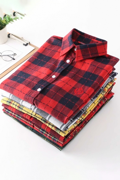 Womens Casual Shirt Plaid Pattern Long Sleeve Point Collar Button Up Embroidered Loose Shirt Top