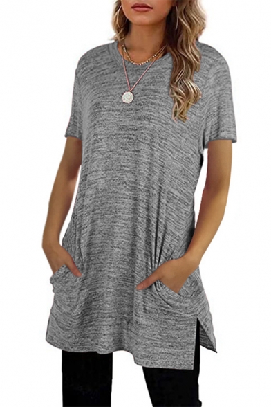 Womens Leisure T-shirt Short Sleeve Crew Neck Slit Sides Tunic Relaxed Fit Tee Top