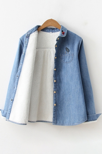 Womens Trendy Shirt Leaf Embroidered Sherpa Liner Long Sleeve Turn Down Collar Relaxed Denim Jacket
