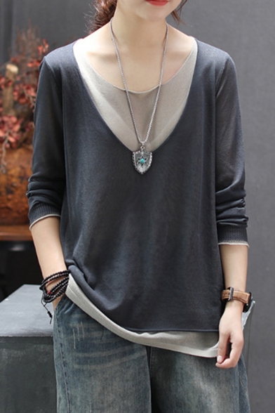 Basic Womens T-Shirt Contrast False Two Pieces Thin Long Sleeve Round Neck Relaxed Fitted Tee Top