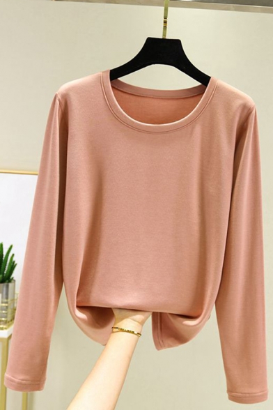 Casual Women's Tee Top Plain Crew Neck Long-sleeved Regular Fitted Bottoming T-Shirt