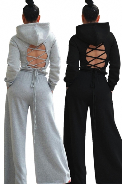 Casual Womens Set Solid Color Long Sleeve Lace-up Back Fitted Hoodie & Wide-leg Pants Co-ords