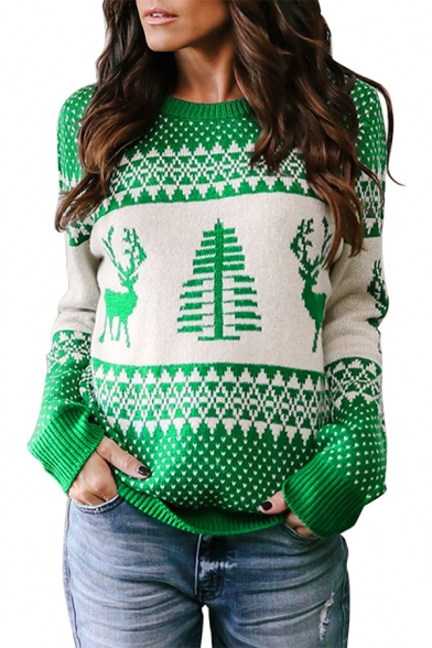 Color Block Deer Print Round Neck Long Sleeve Christmas Sweater