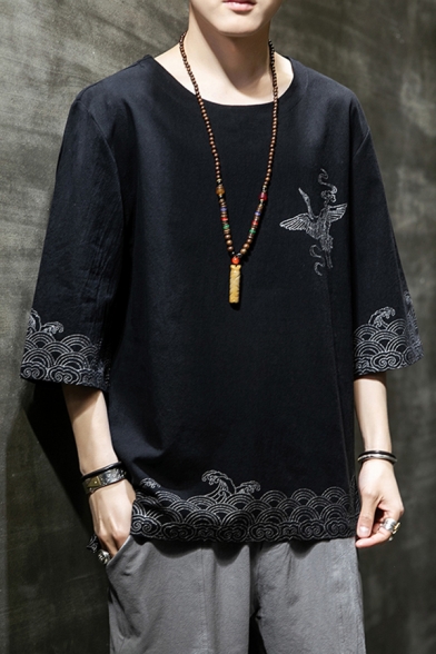 Elegant Men Tee Top Contrast Panel Horn Button Half Sleeves Round Neck Regular Fitted T-Shirt
