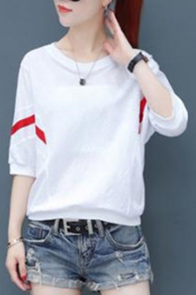 Elegant Women's Tee Top Stripe Pattern Round Neck Half Sleeves Regular Fitted T-Shirt