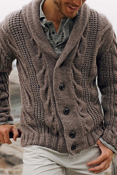 Fancy Men's Cardigan Cable Knit Solid Color Button Fly Ribbed Trim Solid Color Regular Fitted Cardigan