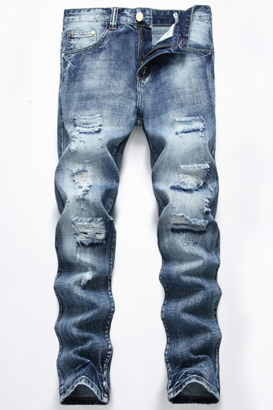 Fancy Men's Jeans Distressed Side Pocket Distressed Mid Waist Long Regular Fitted Jeans with Washing Effect