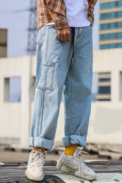 Fancy Men's Jeans Pocket Detail Zip Fly Ankle Length Wide Leg Jeans Washing Effect
