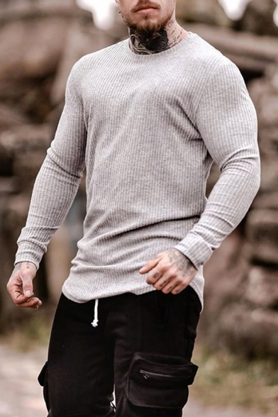 Fancy Men's Tee Top Solid Color Ribbed Knit Round Neck Long-sleeved Fitted T- Shirt