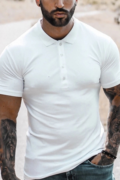 Fancy Mens Polo Shirt Solid Color Button Detail Turn-down Collar Short Sleeves Slim Fitted Polo Shirt