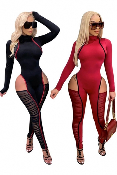 Fancy Women's Jumpsuit Contrast Stitching Hollow out Ruched Long Sleeves Slim Fitted Jumpsuit