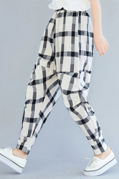 Fancy Women's Pants Plaid Pattern Pleated Detailed Side Pockets Elastic Waist Brushed Inside Full Length Tapered Pants