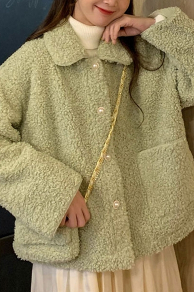 Fancy Women's Woolen Coat Solid Color Front Pocket Button Closure Peter Pan Collar Long Sleeves Relaxed Fit Woolen Coat