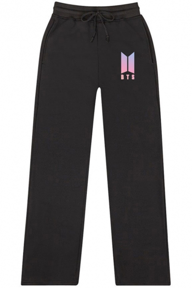 Fashion Kpop Logo Printed Stripe Side Black Slim Fit Jogger Pants Sweatpants