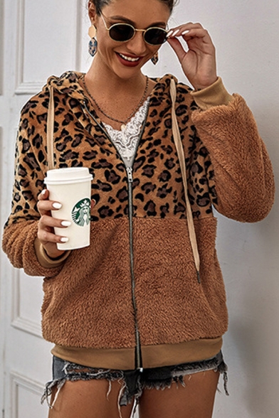 Fashionable Long Sleeve Color Block Leopard Printed Zip Up Hoodie