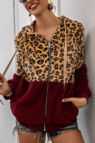 Fashionable Long Sleeve Color Block Leopard Printed Zip Up Hoodie