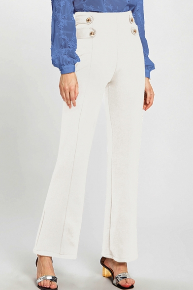 Formal Ladies Pants Solid Color Patched High Waist Long Length Wide-leg Pants