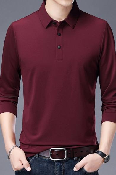 Formal Polo Shirt Silk Long Sleeve Spread Collar Button Up Slim Fit Solid Color Polo Shirt for Men