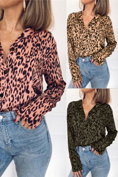 Hot Girls Shirt Leopard Pattern Long Sleeve Notched Collar Button Up Loose Shirt Top