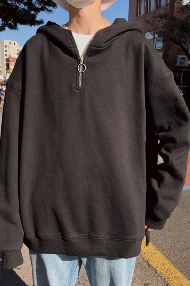 Leisure Men's Hoodie Solid Color 1/4 Zip Collar Ribbed Trim Long Sleeves Cowl Neck Hooded Sweatshirt