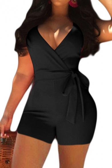 Leisure Women's Rompers Solid Color Wrap Tie Front Spaghetti Strap Sleeveless Fitted Rompers