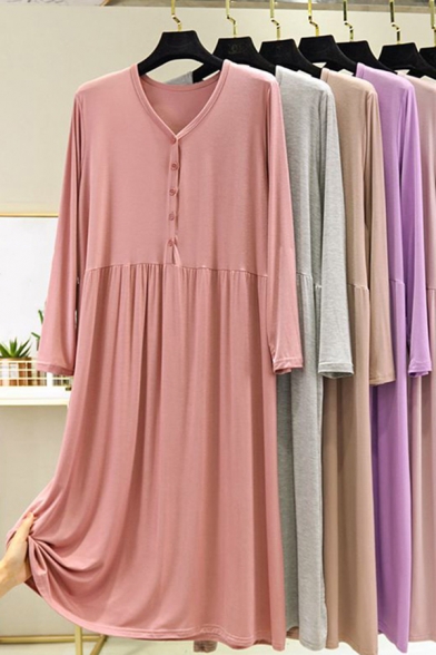 Leisure Women's T-Shirt Dress Button Detail Pleated V Neck Long-sleeved Relaxed Fit Midi T-Shirt Dress